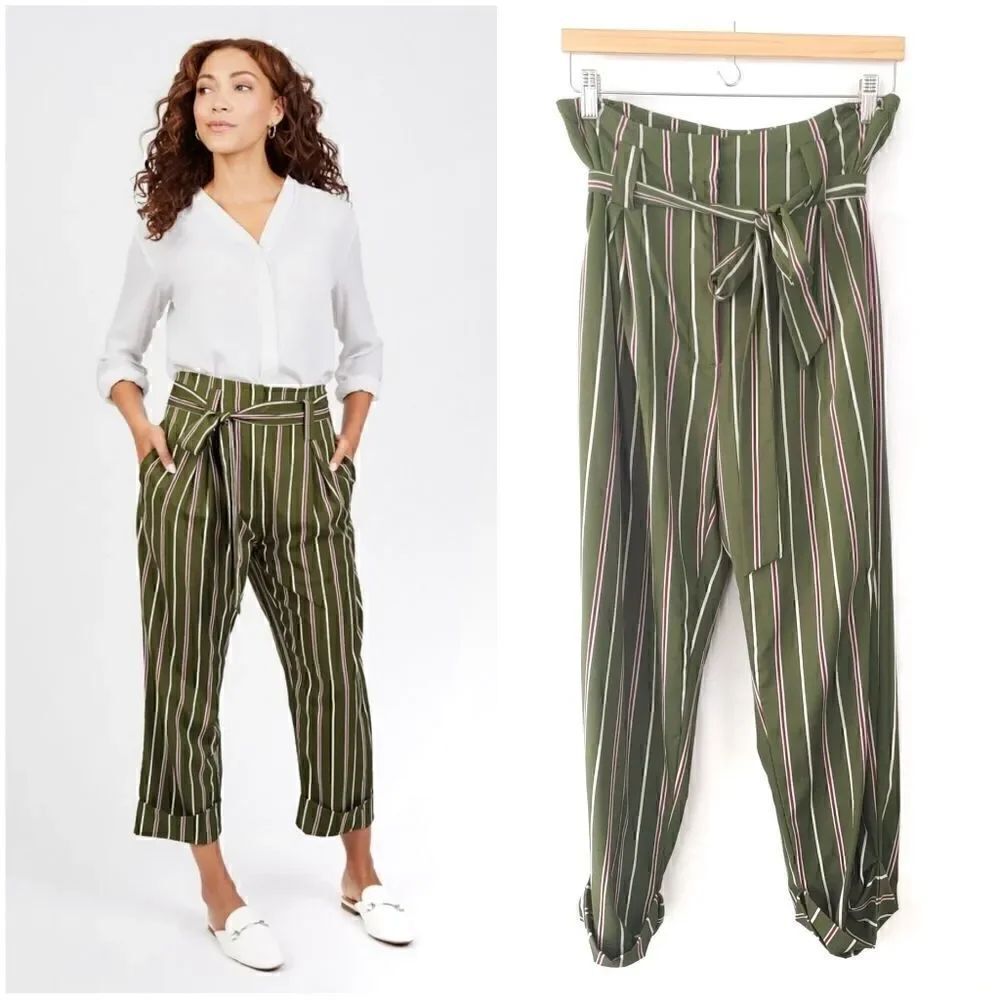 JOA High Waist Pants Green Stripe Medium Belted